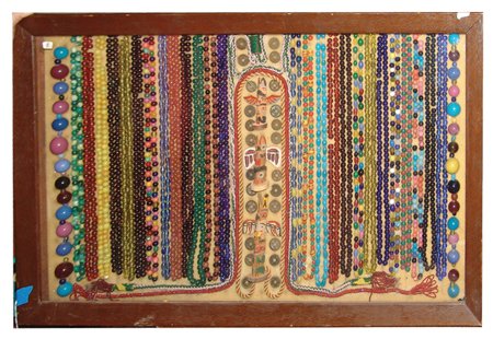 Antique Tradebead Collection: Various Ages, Fantastic collection of 28 strands of antique glass tradebeads all hung in a shadow box frame. All in good condition. The frame also has three miniature totem poles and several old Chine