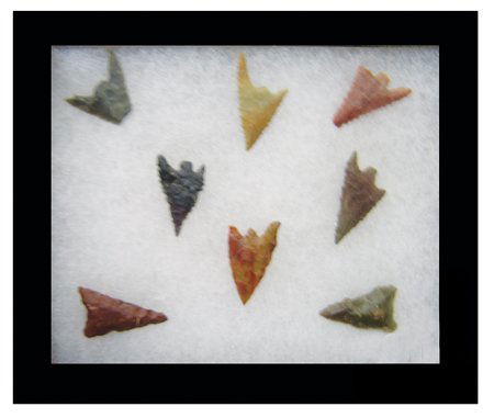 Artifact Collection: Late 1900s, Framed collection of 8 very fine modern Columbia River stone points. Varied