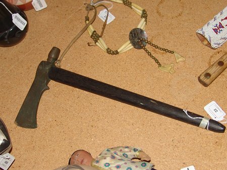 Iron Tomahawk: Old forged pipe axe with wooden stem/haft. Very good condition. 17"
