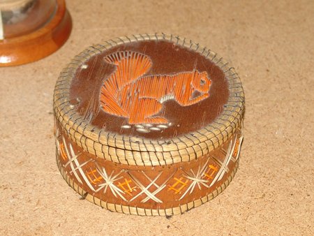 Chippewa Birch Bark Basket: 1940s, Chippewa birch bark and sweet grass basket with porcupine decoration. Pretty good condition, a few missing quills. 4-1/2" x 2"