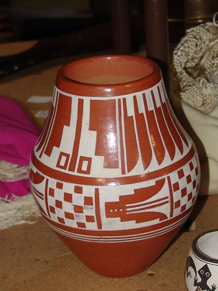 San Ildefonso Red Jar - Gilbert Atencio: Rare early San Ildefonso white on red pottery jar by Gilbert Atencio. Very good condition. 7" x 9"