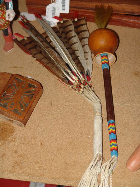 Dance Fan & Beaded Dance Rattle: Traditional Southern Plains Peyote rattle and fan with fancy braided fringe. Very good condition. Fan 16"