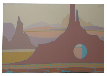 Diane O'Leary Artwork: Signed limited edition (#2/100) Diane O'Leary silkscreen of a painted desert. Very good condition, with one blemish. 30" x 19"
