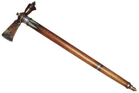King George Capped Brass Tomahawk Pipe: Incredible forged King George presentation pipe axe with silver inlays, brass mouth piece, and ivory on the pipe head. Beautiful, one of a kind piece, in very good condition! Ca. late 1900's. 17"