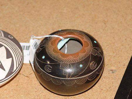 San Ildefonso Jar - Tahn-Moo-Whe (Barbara Gonzalez: 1980, Fine, etched two-tone pot with embedded turquoise stones and scalloped design. Very good condition. 2-3/8" x 3-3/8"