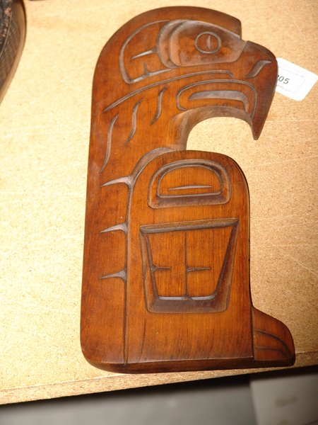 NW Coast Carved Eagle-Wood: Carved Quaquital eagle panel made of alderwood from Alert Bay, BC. made by Tim Whonnock. 5" x 12"