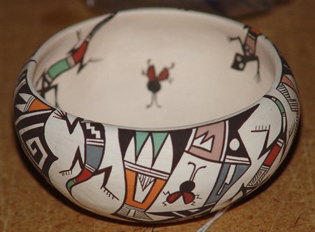 Acoma Pottery Bowl - C. Concho: Classic Acoma pottery bowl with insects, ladybugs, and lizards. Very good condition. By C. Concho 4" x 2"