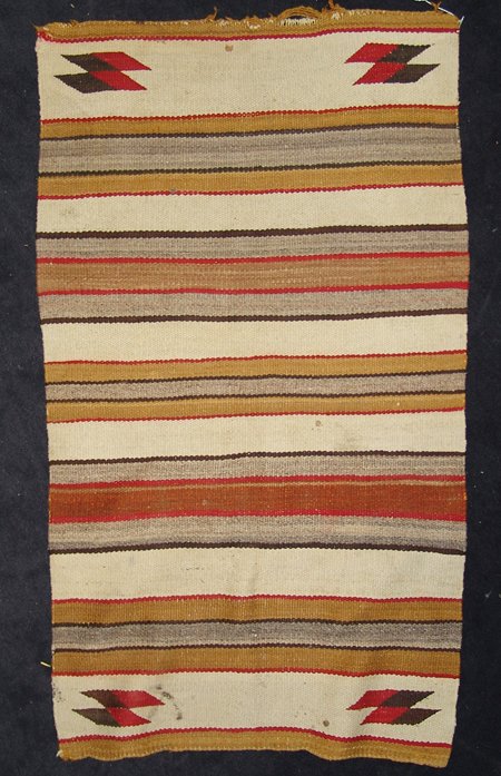 Navajo Saddle Blanket: 1950, Colorful Navajo double saddle blanket. Good overall condition, but has some spots and edge damage. 31" X 55"