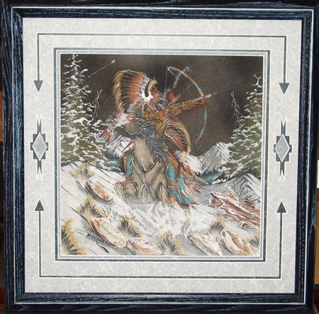 Navajo Sand Painting: Very fine Navajo sand painting called "Surprise Attack". Very good condition, by Gary Lee. 11-1/2" X 11-1/2" (18" X 18")