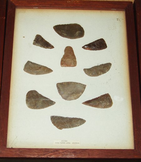 Framed Artifacts: Framed collection of stone knives from Hila River Area, Arizona. Largest 3"