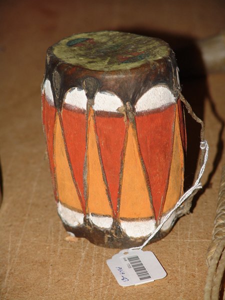Taos Drum: 1950s, Vintage hand made Taos toy drum with traditional motif. 4" x 5"