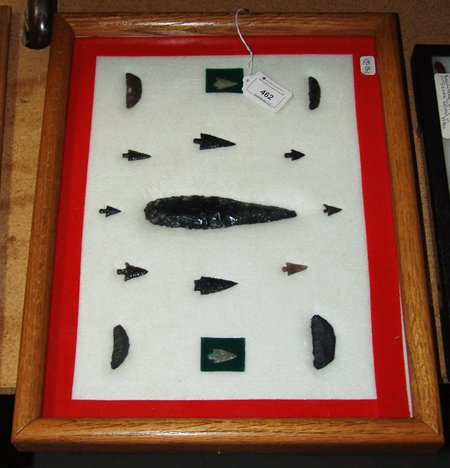 Framed Artifact Collection: Various, Framed collection of Eastern Oregon obsidian artifacts and bird points. Longest 5"
