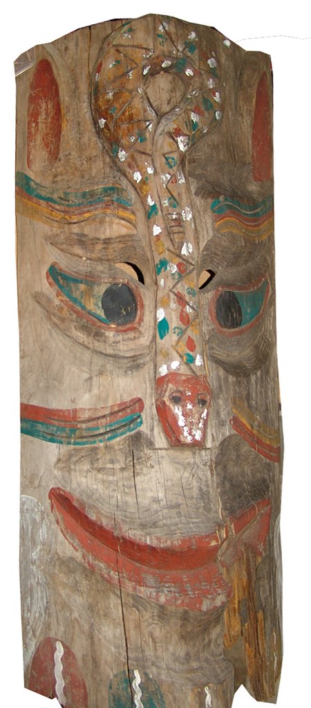 Northwest Coast Totem Panel: 1950, Large hand carved Northwest Coast design totem pole panel with large snake down the middle of its forehead. 15" x 38"