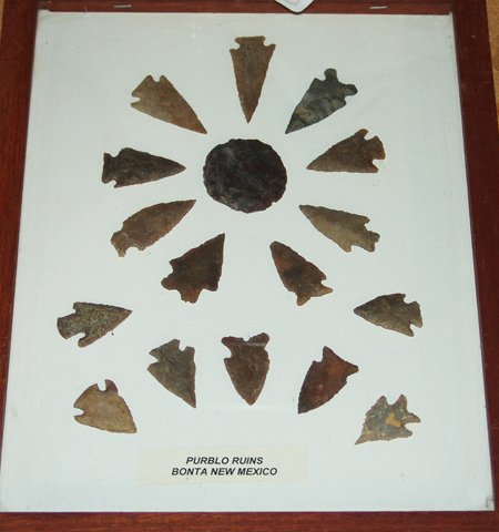 Frame of Arrowheads: Various, Framed collection of larger arrowheads marked Pueblo Ruins Bonta, New Mexico. All very good condition. Longest 2-1/2"