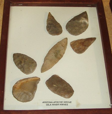 Frame of Arrowheads: Various, Framed collection of stone tools marked Arizona - Apache Grove Gila River knives. All in good condition. Longest 5"