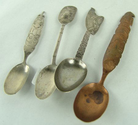 4 Tlingit Spoons: Mid 1900s, Collection of four old Tlingit spoons, three carved of silver and one marked "AYP, 1909," one with a "B," the other unmarked. Plus a stamped copper version with fine Northwest Coast/Tlingit