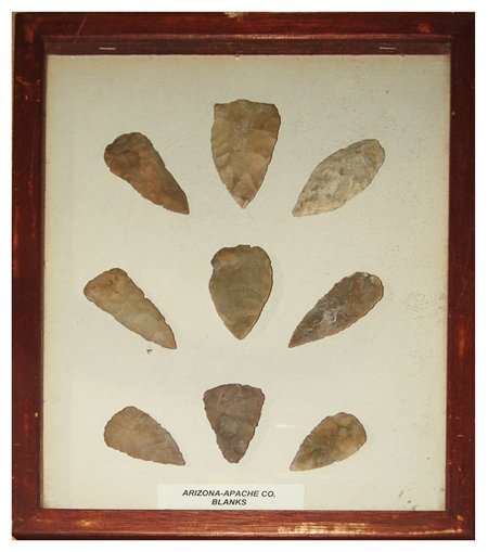 Frame of Arrowheads: Framed collection of stone tools marked Arizona - Apache Grove Gila River knives. All in good condition. Longest 3"