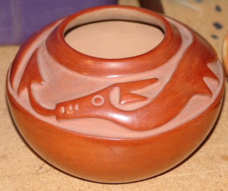 San Ildefonso Pottery Jar - Rose Gonzalez: Beautiful San Ildefonso deep carved redware pottery jar with Avanyu serpents, signed Rose Gonzalez. Good condition. 5" x 8"