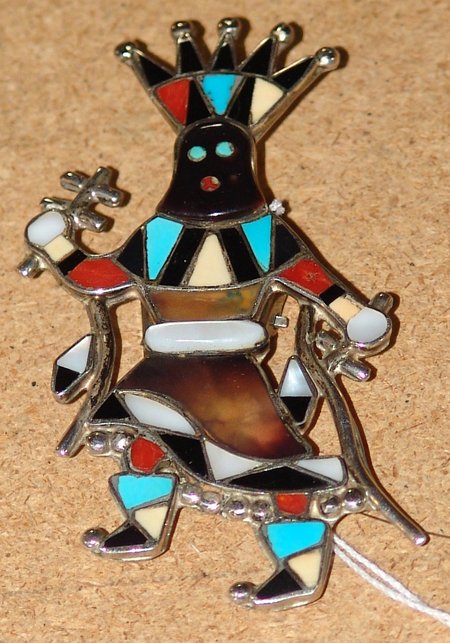 Zuni Inlay Bolo - Vera Luna: Ca. 1980s, Very fine traditional channel inlay silver Gan dancer bolo tie slide (only) of turquoise, coral, jet, mother-of-pearl, and shell. Very good condition. 3-1/4" x 1-1/4"