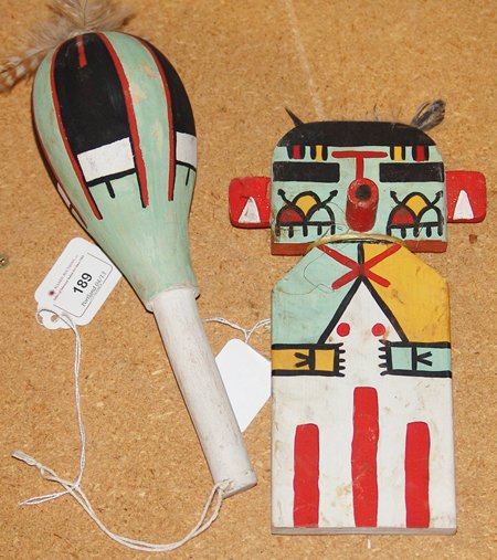 Hopi Katsina Rattle: Ca. 1960s, Handcrafted Hopi crib doll kachina and matching rattle. 9-1/2"