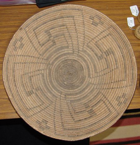 Pima Basket: Classic large Pima basketry tray with typical geometric designs. Intact and good condition, with some fading and missing rim stitches. 4-1/2" x 19"