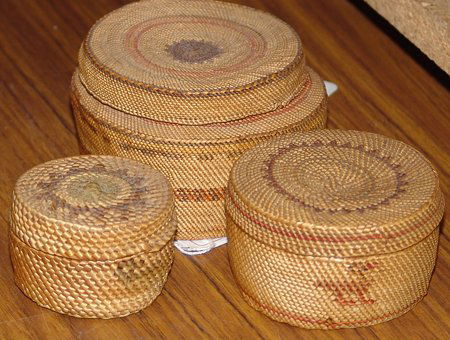 Makah Baskets: Mid 1900s, Set of three small lidded Nootka/Makah (Nuu-Chah-Nulth) basketry examples. All in good to very good condition. Biggest 2-1/2" x 3-1/2"