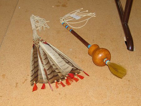 Dance Fan & Beaded Dance Rattle: Mid 1900s, Traditional Southern Plains Peyote rattle and fan with fancy braided fringe. Very good condition. Fan 16"