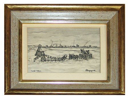 Eskimo Seal Skin Artwork: Ca. 1960s, Original pen, ink, and watercolor by George Ahgupuk. Very good condition. 4" x 5-1/2" (7" x 9" framed)
