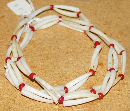 Dentalium Shell Necklace: Early-Mid 1900s (restrung), Old Wasco dentalium shell and whiteheart bead necklace. (restrung) 36"