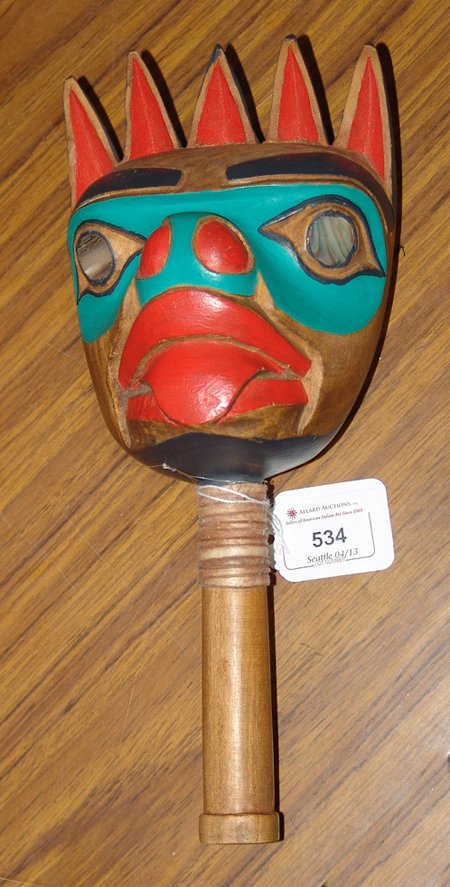 NWC Rattle Bear: Ca. 1970s, Hand carved northwest coast bear rattle in very good condition, signed Coyote, (Ivan Otterlifter.) 10-1/2" x 5"