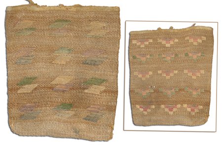 Yakima Cornhusk Bag: Late 1800s, Very rare, old, Yakima corn husk bag with different designs and different colors of corn husk on each side. Good, pliable condition, but a little damage on the edges and top. 11-1/2" x 10"