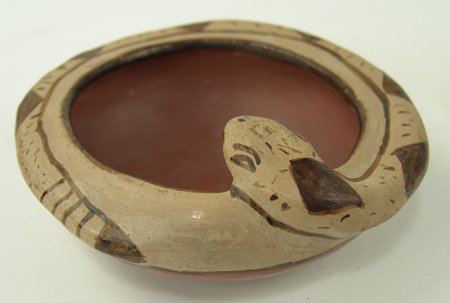 Maricopa Pottery Bowl - M. Sunn: Ca. 1940s, Rare polychrome pottery bowl with a snake figure. Very good, used condition. 2-3/4" x 6-1/4"