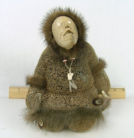 Eskimo Bone Sculpture - Rich Vies(?): Ca. 1980s, Signed original whale bone sculpture with carved stone face. Very good condition. 8" x 5"