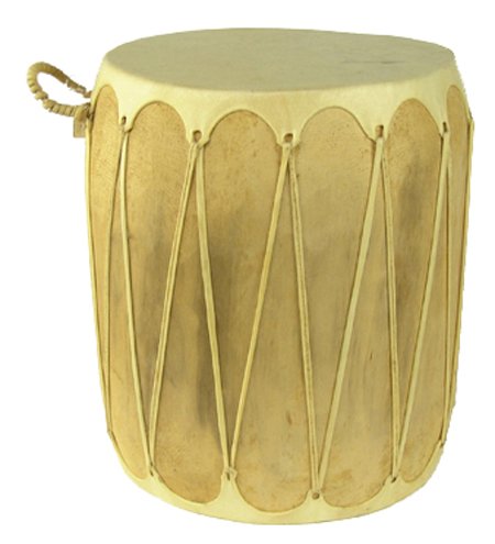 Taos Drum: Late 1900s, Classic hand crafted hollowed cottonwood log drum with stretched rawhide faces, all in very good condition. 17" x 13-1/2"