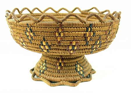 Thompson River Basketry Bowl: Rare old Salish pedestal basket with polychrome imbricated diamonds on the interior and exterior. All original rim loops still with basket. Very good used condition. 5-3/4" x 9"