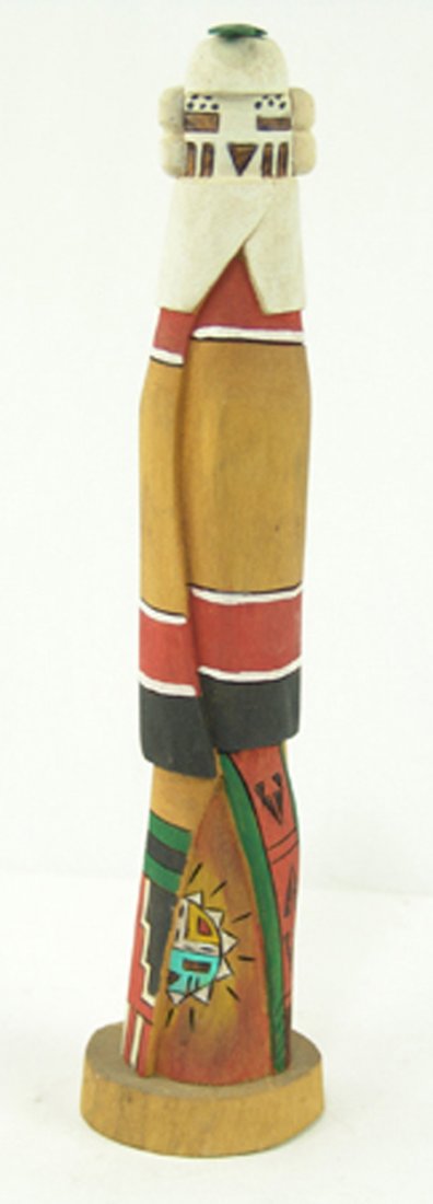 Hopi Kachina Carving - Damon Adams: Ca. 1996, Fine hand carved and painted one-piece style cottonwood root "Snow Maiden" kachina doll. Very good condition. 11-3/4"