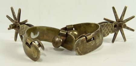 Vintage Spurs: Mid 1900s, Beautiful pair of solid etched brass "Chihuahua" spurs featuring the four suits of playing cards. Very good condition. 3" rowels