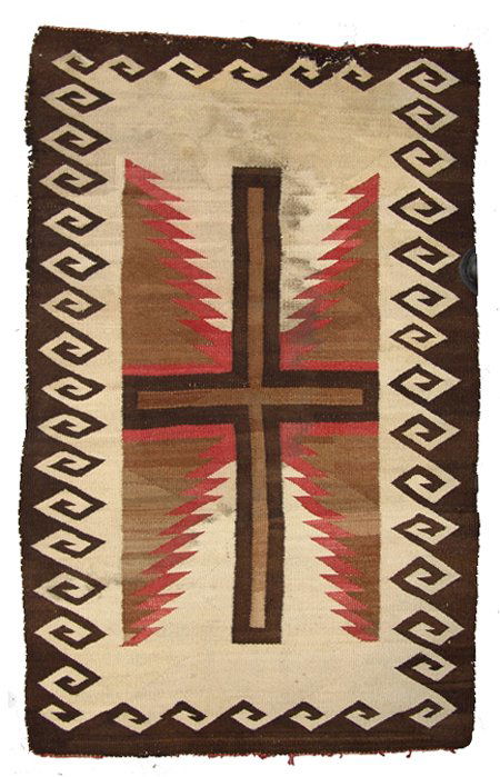 Navajo Rug/Weaving: Ca. 1930, Classic old Crystal rug with a unique cross design and serrated elements, plus fish hook border. Intact and sturdy, but with damage in several areas and some staining, fair condition. 32-1/2