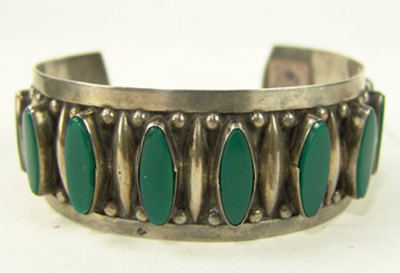 Vintage Mexican Bracelet: Beautiful silver and turquoise(?) bracelet marked 0.925 Guad. Mex. with the initials JFG. Very good condition. 6-1/4" + 1-1/2" x 1"