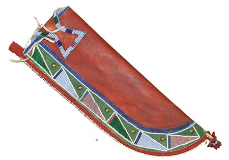Parfleche Sheath: A great parfleche knife case with beaded trim and brass tacks. 12-1/2 x 4-1/2"