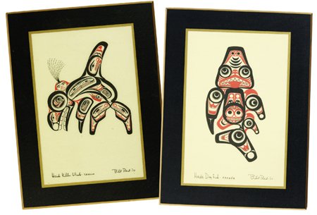 2 NWC Panels - Bill Reid: Ca. 1972 & 1973, Pair of printed original design Northwest Coast figures: the Haida dogfish and the Haida killer whale, by Bill Reid. Excellent condition. 10" x 7-1/4" each