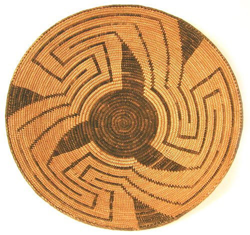 Pima Basket: Circa 1910 Fine old basket with whirlwind/maze design in fine condition - no damage. 14-1/2" dia.