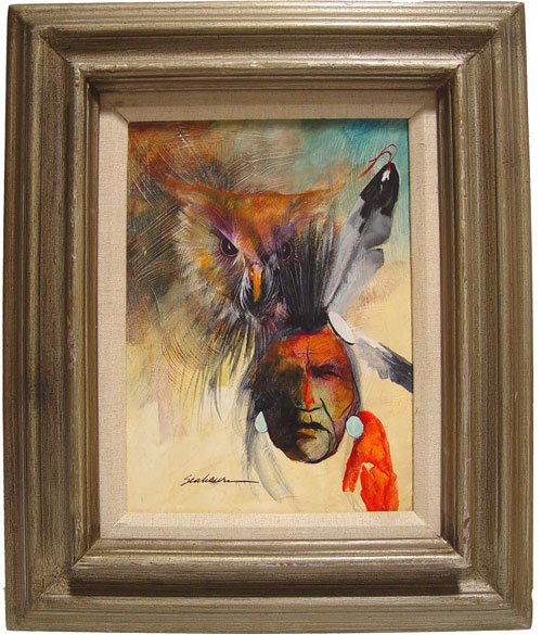 Bert Seabourn (1931 - ): 1975 Beautiful signed original egg-wash acrylic on masonite of a single warrior and owl spirit, titled "Pine Ridge Omen" - with award ribbon. 8-1/2" x 11-1/2"