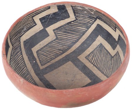 Anasazi Pottery Bowl: Prehistoric, Classic Gila polychrome bowl with bold interior design. Has been glued, but not restored. 3-1/2" x 7-3/4"