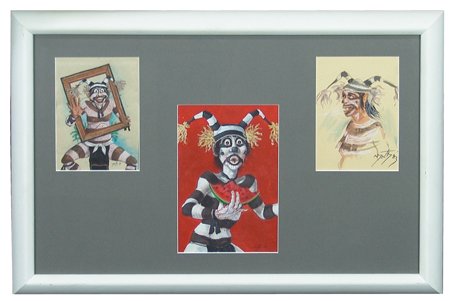 Neil David (b. 1944): Ca. 1980s, Signed original gouache triptych depicting Koshare clowns. Custom matted and framed. Very good condition. 17" x 25" framed