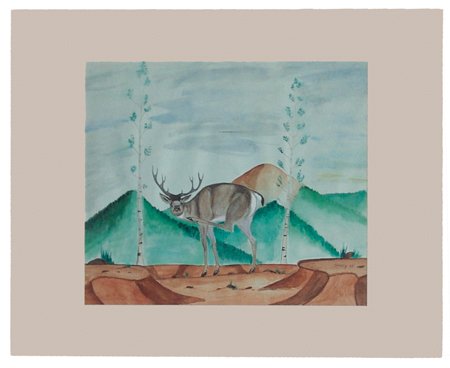 Percy Sandy (1918-1974): Ca. 1963, Signed original watercolor depicting a young buck scratching. Artist aka "Kai-Sa." Very good condition. 11-1/4" x 13" (16" x 20" matted)