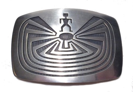 Hopi Belt Buckle - Lawrence Saufkie: Mid 1900s, Classic overlay "man in maze" belt buckle, signed Saufkie. Great condition. 3-1/2" x 2-1/2"