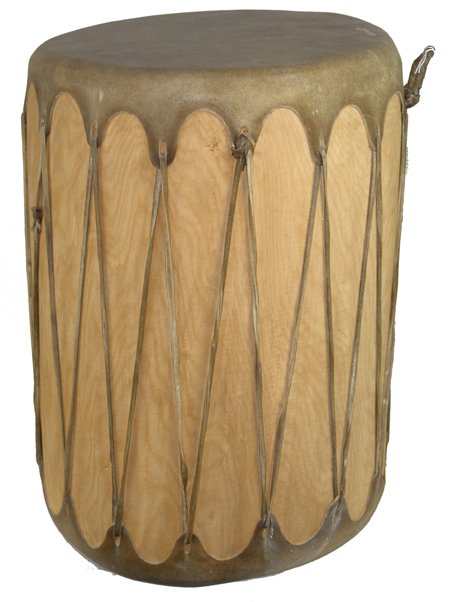 Taos Drum: Ca. 1980, Beautiful, large, hand crafted hollowed log drum with traditional stretched rawhide ends. Very good, usable condition. 20" x 18"