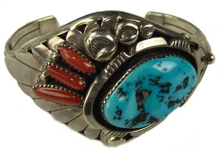 Navajo Bracelet - Phil Chapo: Late 1900s, More contemporary design turquoise, coral, and silver bracelet with nice detailing. Very good condition. 5" + 1" x 1-1/2"
