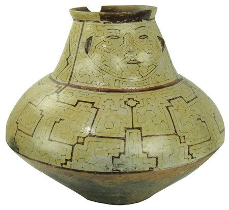 Shipibo Pottery Jar: Mid 1900s, Huge thin-walled storage jar with traditional motif and protruding human face. Good, used condition, with a large rim chip on the backside. 17-1/2" x 20"